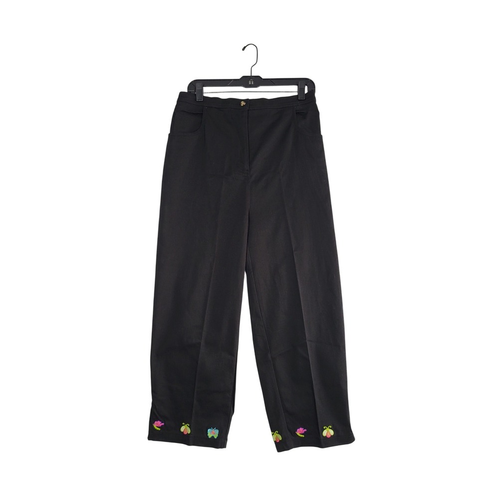 Quacker Factory Capri Pants Large 14/16 Black Embroidered Butterfly Hem Y2K NWOT